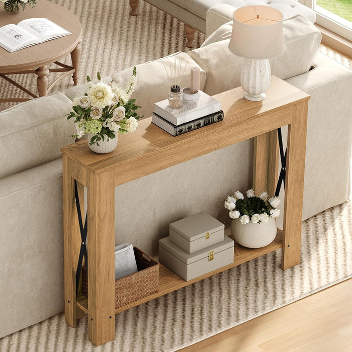 Farmhouse Console Table, 39.4'' Small Narrow Entryway Table, Wood Couch Table behind Sofa with Storage Shelf, Slim Farmhouse Hallway Table for Living Room, Hallway, Foyer, Light Walnut CT34VV