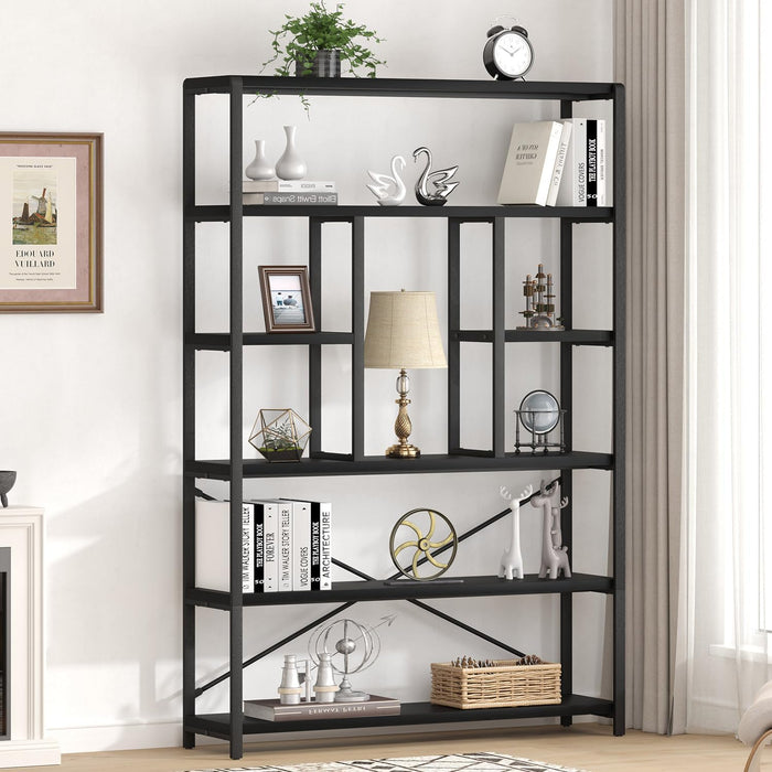 6 Tier Industrial Bookshelf for Bedroom Living Room Office, Black Oak