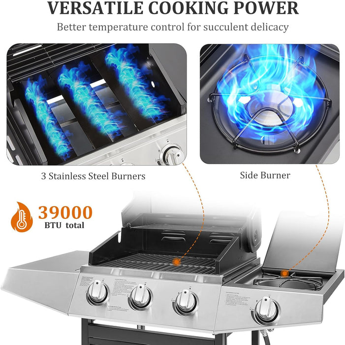 3-Burner Propane Gas BBQ Grill with Side Burner & Porcelain-Enameled Cast Iron Grates Built-In Thermometer, 39,000 BTU Outdoor Cooking, Patio, Garden Barbecue Grill, Black and Silver