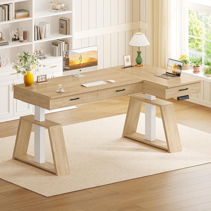 59 Inch L Shaped Electric Standing Desk with Drawers, Executive Adjustable Desk with Power Outlets, Sit Stand Computer Table for Home Office, Oak