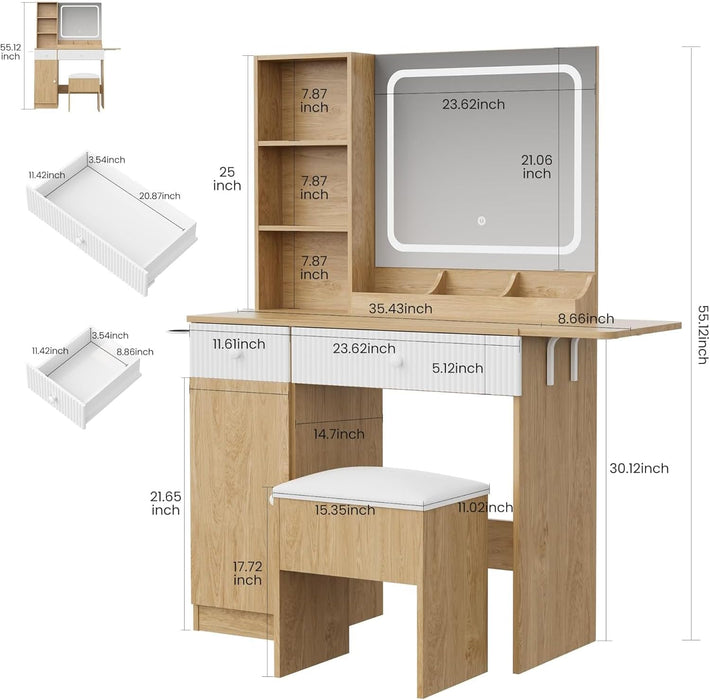 Makeup Vanity with Lighted Mirror, Vanity Desk with Power Strip, Adjustable Lighting, Drawers and Cushioned Stool, Dressing Table for Bedroom