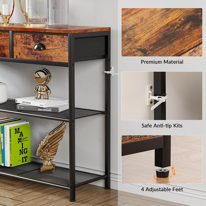 Entryway Table, 38'' Console Sofa Table with 3 Fabric Drawers, Industrial Entry Way Table with Storage Shelves, Display Shelf for Living Room, Hallway, Entrance, Foyer, Rustic Brown