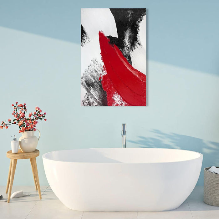 Red Abstract Canvas Wall Art: Modern Minimalist Black and White Picture Handmade Textured Oil Painting Poster for Living Room Bedroom Bathroom Office Home Wall Decor 24X36