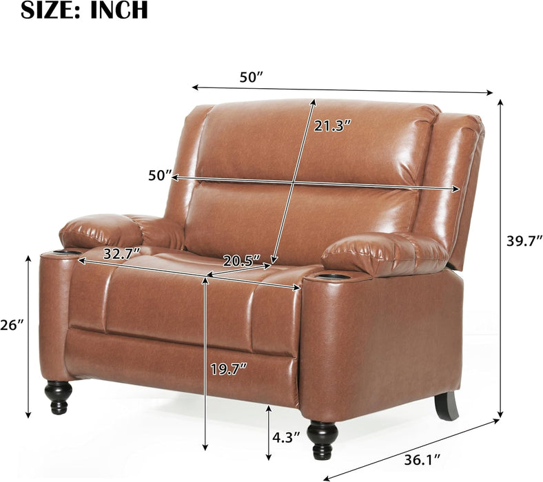 Carlo Oversized Manual Recliner Chair with Cup Holder, Faux Leather Recliner Sofa, Modern Reclining Accent Chair, Sturdy Wooden Frame, Brown