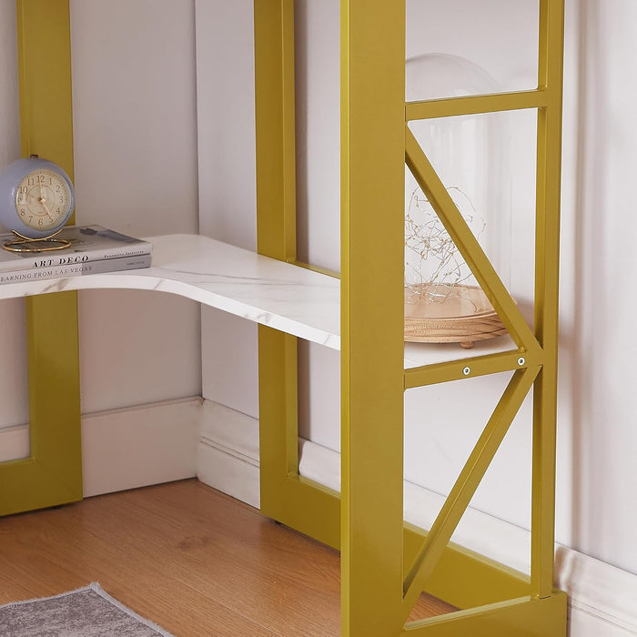 Corner Computer Desk 41 X 30 Inches with Smooth Keyboard & Storage Shelves for Home Office Workstation,White & Gold