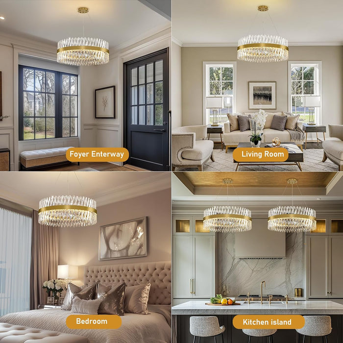 Modern Crystal Chandelier, 32 Inch Gold Crystal Chandeliers for Dining Room over Table, Luxury round Chandeliers for Living Room Dining Room Light Fixture Chandelier for Entryway Bedroom, Kitchen