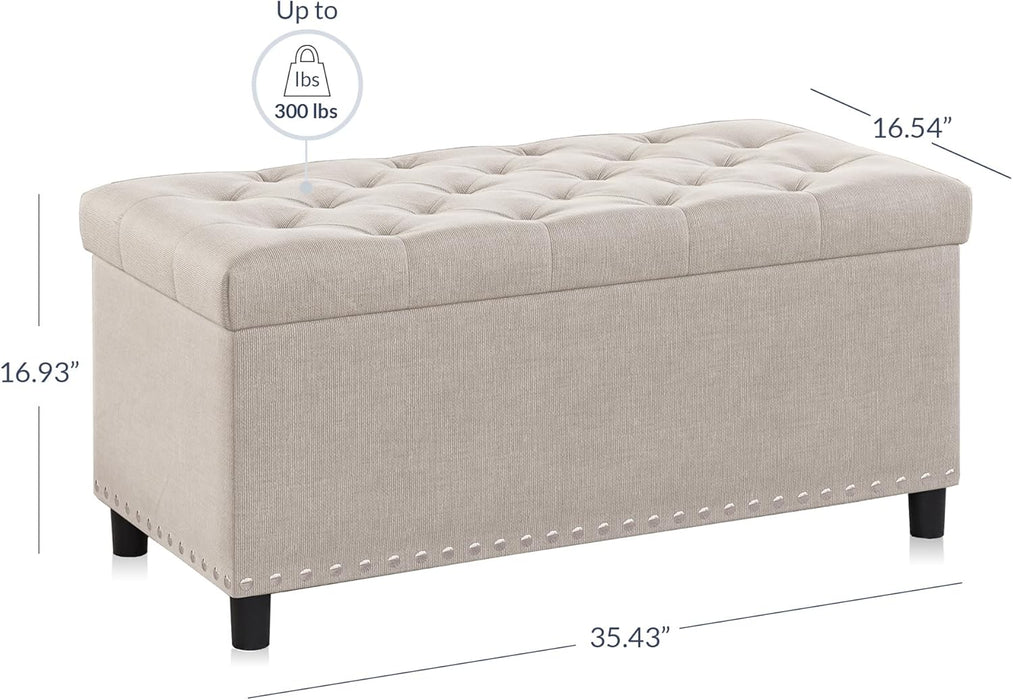 35" Tufted Ottoman, Storage Bench with Safety Close Hinge, Ottoman with Storage for Living Room, Entryway, Hallway, Foot Rest, Support 300Lbs - Beige