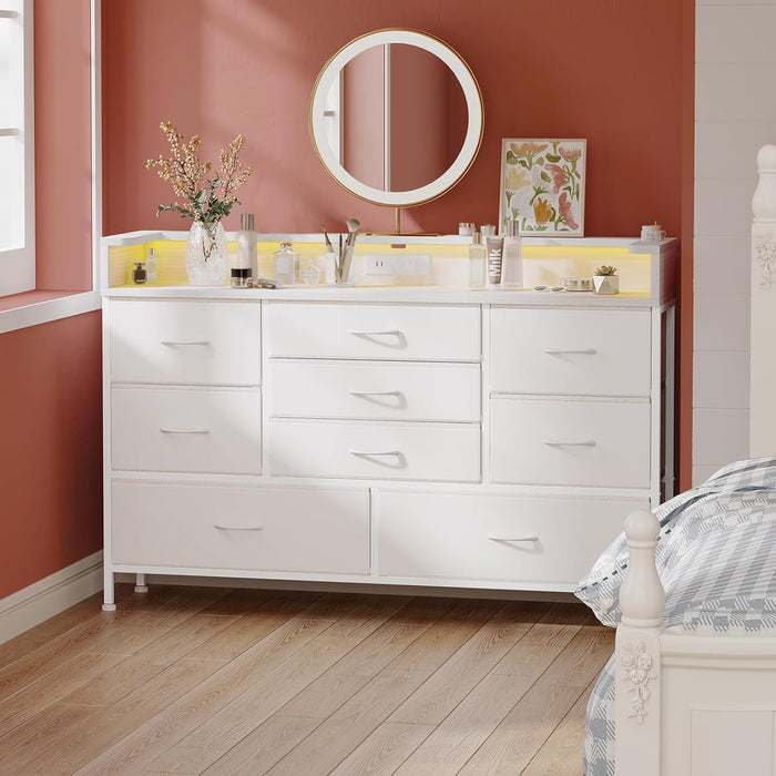 White LED Dresser with 9 Drawers and Charging Station