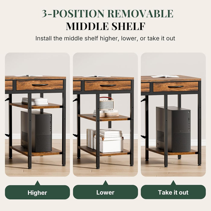 47" Computer Desk with 6 Drawers, Home Office Gaming Desks with Storage Shelves for Bedroom, Writing Study Corner Living Room Work Table Brown