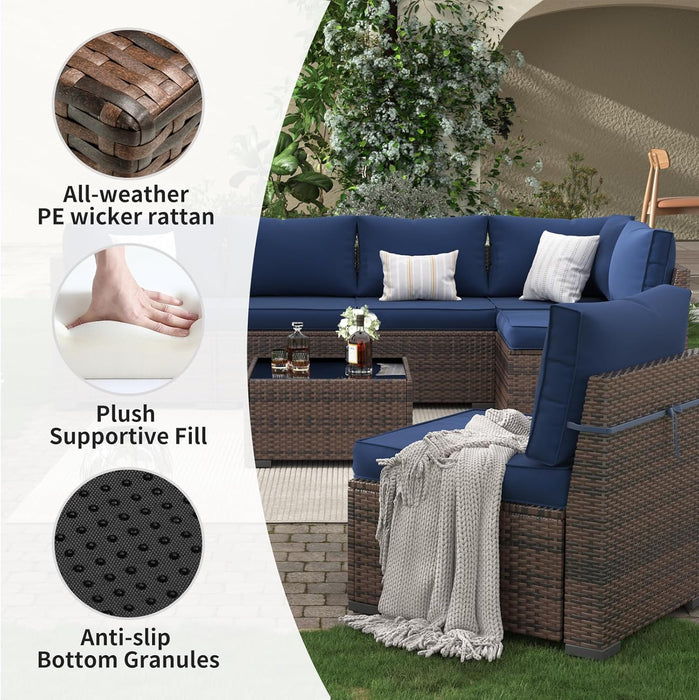 7 Pieces Patio Furniture Set, Outdoor Furniture Sectional Rattan Sofa with Slanted Back, Patio Couch with Glass Coffee Table for Backyard Garden Navy Blue (Waterproof Cover)