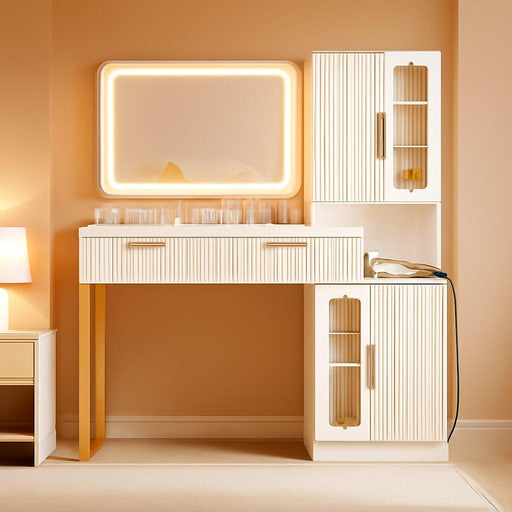 45" Modern Makeup Vanity Desk with Mirror and Lights, Makeup Vanity with 5 Shelves& 2 Drawers and Cabinet, Vanity Table with Power Outlet, 3 Color Adjustable Lighting Dressing Table Set for Bedroom