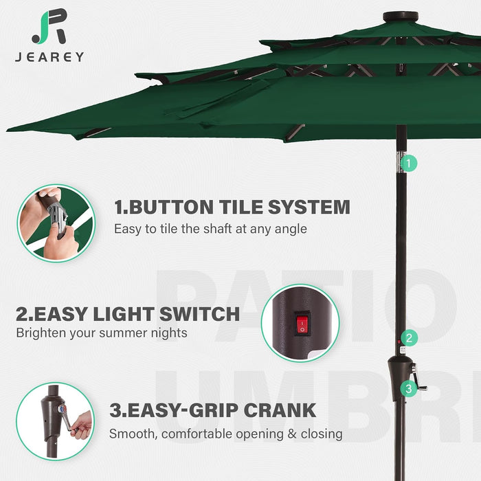 9 Ft 3-Tier Outdoor LED Lighted Patio Umbrella W/Crank, Dark Green
