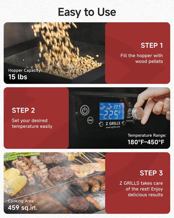 ZPG-450A2 Wood Pellet Grill & Smoker, PID V3.0 Controller, 459 Sq in Cook Area, Foldable Shelf, Meat Probe, Rain Cover, 8 in 1 BBQ Grill Outdoor Auto Temperature Control, Bronze