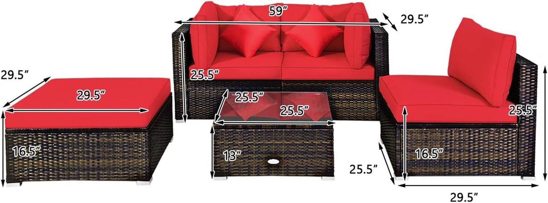 5-Piece Patio Conversation Set - Outdoor PE Rattan Furniture Set W/Glass Coffee Table, Back & Seat Cushions, Soft Pillows, Sectional Sofa Set for Porch, Backyard (Red)