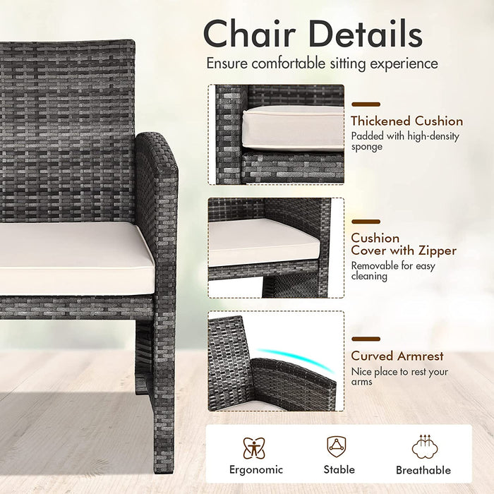 4-Piece Rattan Patio Furniture Set, Outdoor Wicker Conversation Sofa with Weather Resistant Cushions and Tempered Glass Tabletop for Lawn Backyard Pool Garden (Beige)