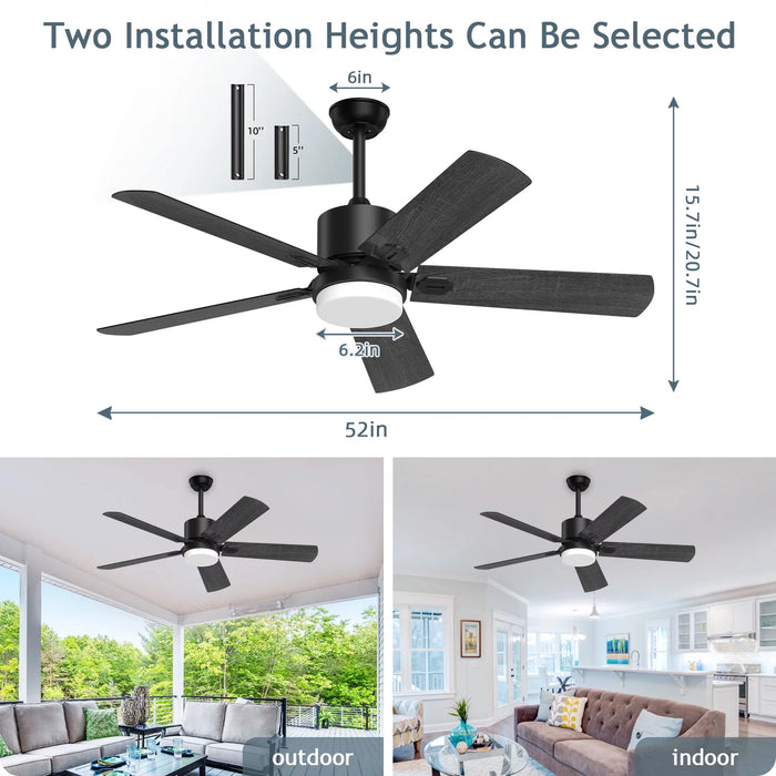 XAUJIX Ceiling Fan with Light and Remote Control, 52'' Black Ceiling Fan with Light, 6-Speed Reversible DC Motor, 5 Wood Fan Blades