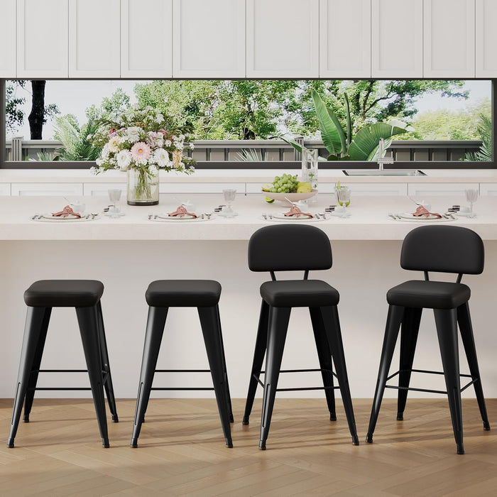 24" Bar Stools Set of 4, Black Faux Leather Barstools with Back