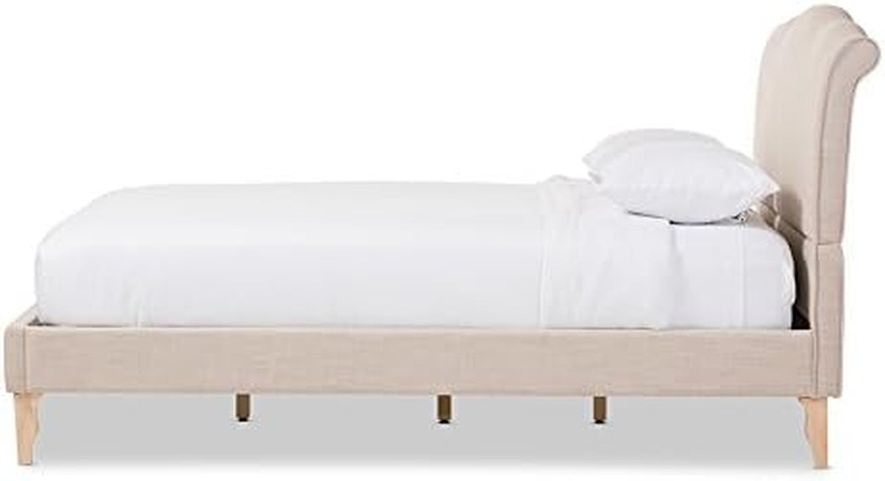 Fayana French Classic Modern Style Beige Linen Fabric Platform Bed, Queen, Off-White