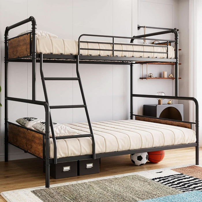 Bunk Bed Twin over Full Size with High Guardrail and Ladder,Twin Size Convertible Metal Bunk Beds for Kids/Teens/Adults,Easy Assembly, No Box Spring Needed,Vintage Brown
