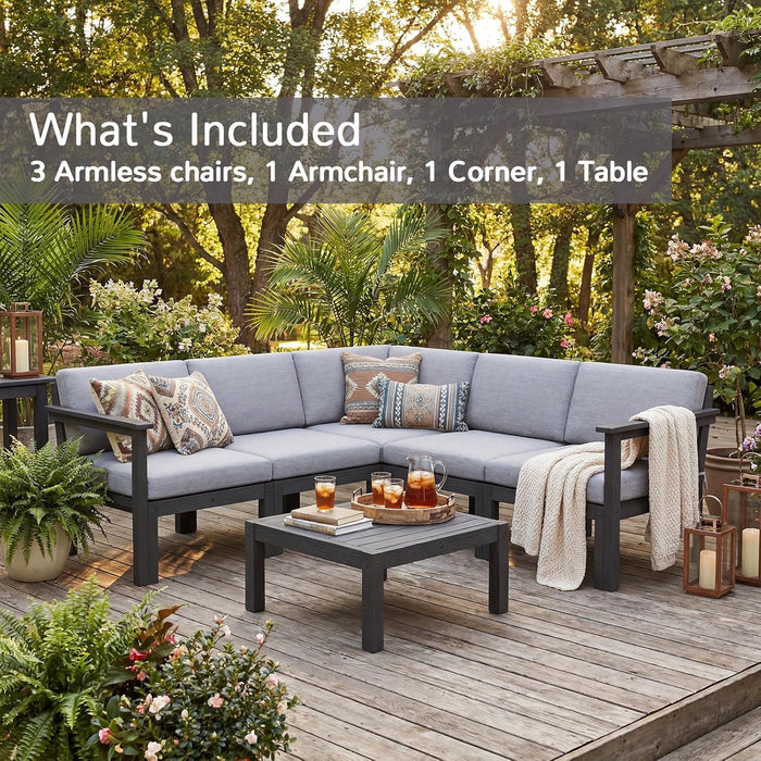 6-Piece Patio Sectional Sofa Set, Modular Outdoor Furniture Set - All-Weather Waterproof HIPS Frame & Quick-Dry Olefin Cushions, Black