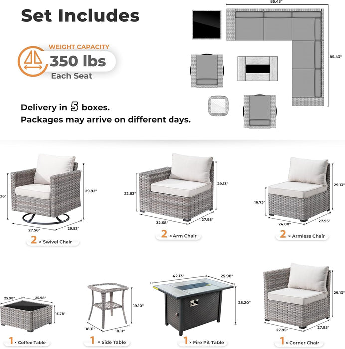 10 Pieces Patio Furniture Set, Outdoor Wicker Sectional Sofa with 42" Fire Pit Table Swivel Chairs, Modern Modular Deep Seat Rattan Couch Conversation Sets, Beige