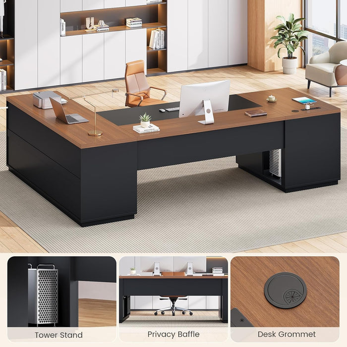78.7" L Shaped Executive Desk with Charging Station, Large Home Office Computer Desk with File Drawers & Adjustable Storage Cabinet, CPU Stand, Modern L Desk for Business, Black + Brown