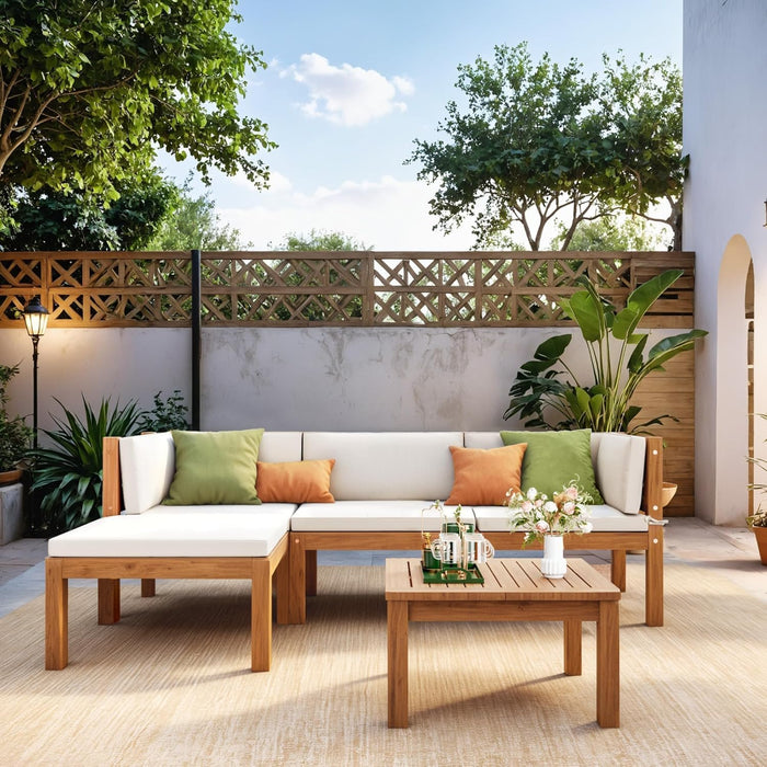 5 Pieces Acacia Wood Outdoor Sectional Sofa Set with Coffee Table, Outdoor L-Shaped Couch with All-Weather Cushion for Patio
