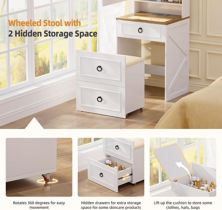 3 in 1 Small Vanity Desk with Lights and Mirror,Tall Lighted Compact Vanity with Charging Station,Makeup Vanity Set with Jewelry Armoire,Glass Top,Wheeled Stool,3 Drawers, White