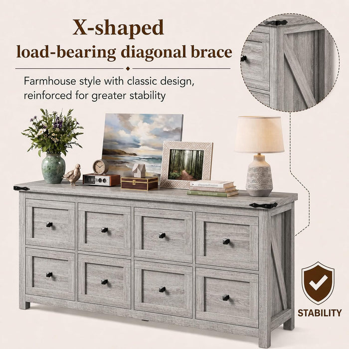 59" Wide Dresser for Bedroom with 8 Drawers, Farmhouse Wood Grey