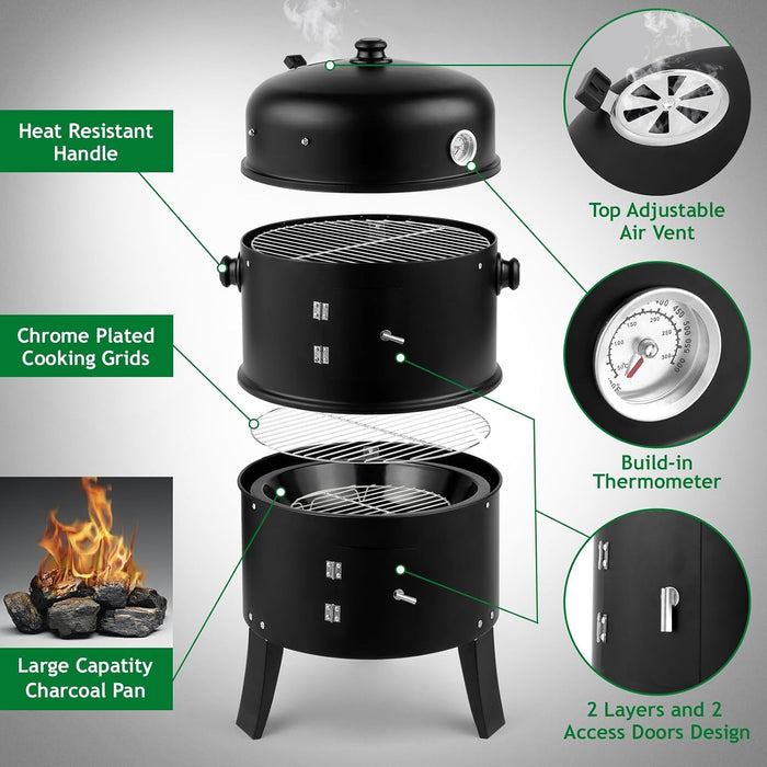 Vertical 17 Inch Steel Charcoal BBQ Smoker, Heavy Duty 3-In-1 Portable Outdoor Grill Cooker with Built-In Thermometer &Adjustable Vent Systems for Outdoor Backyard Cooking Grilling Camping
