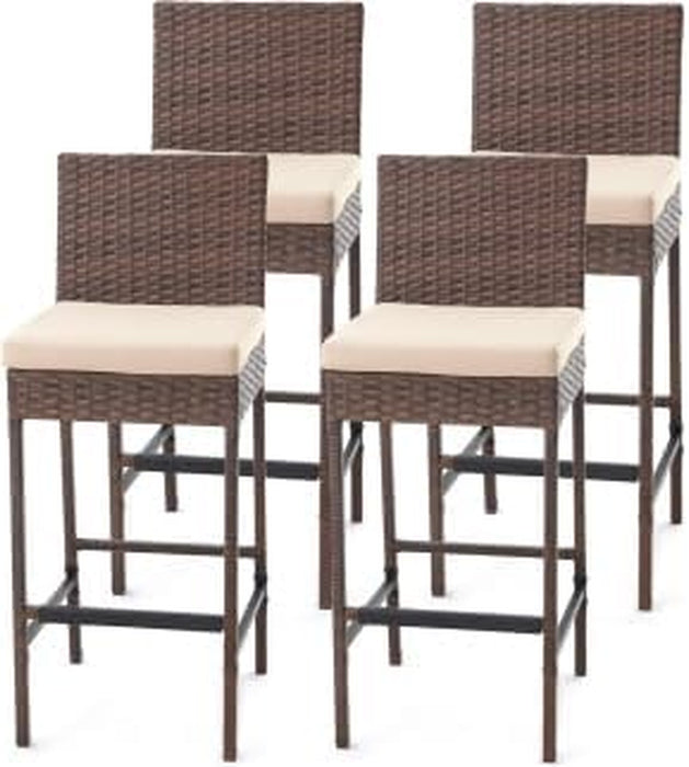Set of 4 Outdoor Rattan Bar Stools with Cushions – Armless Wicker Barstools for Patio, Poolside, Deck & Backyard, Weather-Resistant Furniture(Brown)