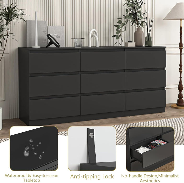 Black 9 Drawer Dresser for Bedroom, Long Dresser with Deep Drawer,Modern Wide Wood Storage Chest of Drawer, Bedroom Storage Furniture,Tv Stand for Living Room