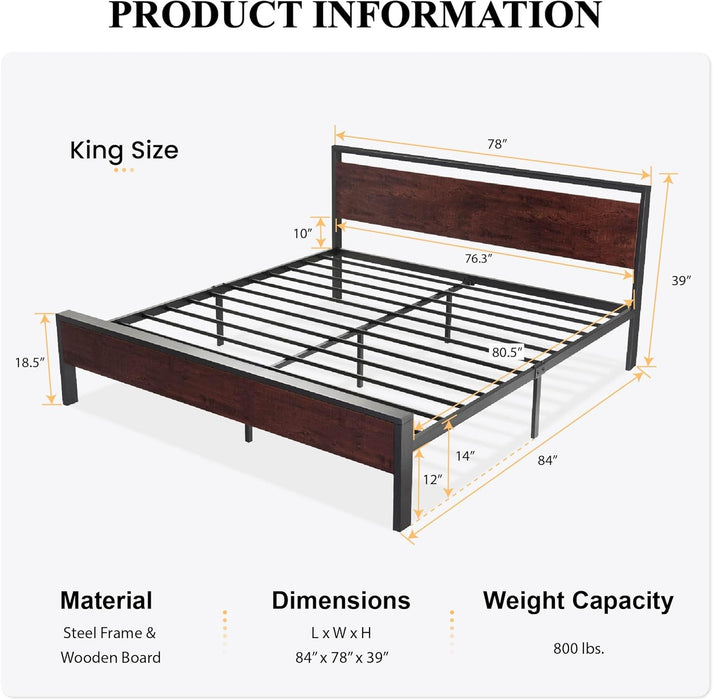 14 Inch King Size Metal Platform Bed Frame with Wooden Headboard and Footboard, Mattress Foundation, No Box Spring Needed, Large under Bed Storage, Mahogany