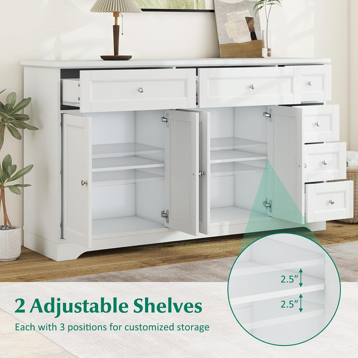Large Buffet Cabinet with Storage, 59” Kitchen Cabinet with 4 Doors, 6 Drawers & 2 Adjustable Shelves, Modern Sideboard for Living Room, Coffee Bar, White