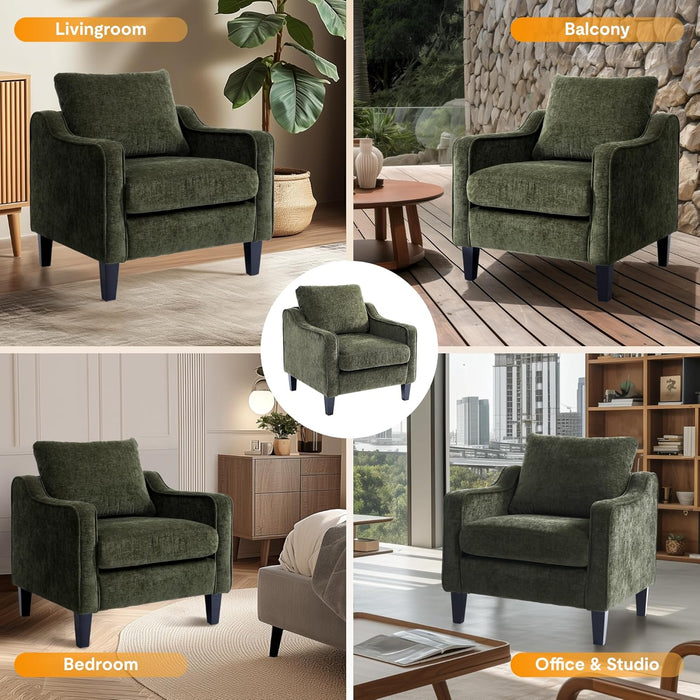 AC2 Accent Chair for Living Room, Comfy Chenille Upholstered Armchair, Mid Century Modern Bedroom Chair for Adults, Stylish Reading Side Sofa with Padded Back & Removable Cover (Green)