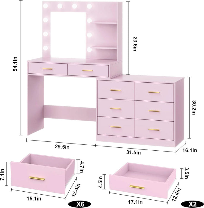 61" Make up Vanity Desk with Mirror and Lights, Pink Vanity with 8 Wide Storage Drawers & 2 Tier Shelves, 3 Lighting Modes with Adjustable Brightness for Bedroom