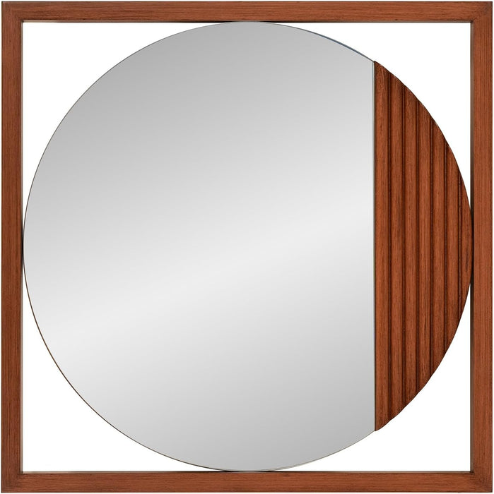 Dirken Hanging round Wall Mirror, Modern Geometric Style Mirror with Square Wooden Frame and Brown Finish for Living Room, Entryway and Bathroom, 20 X 20 Inch