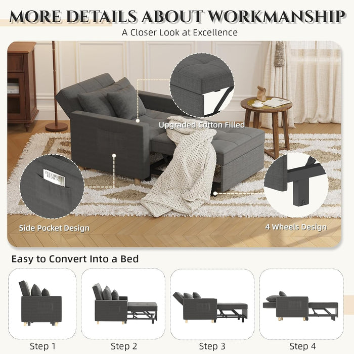 36 Inch Convertible Sleeper Chair GreyTexturedFabric