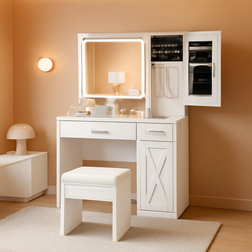 Vanity Desk with Mirror and Lights, 35.5'' Farmhouse Dressing Table with Jewelry Cabinet, Charging Station, Storage Drawers, Padded Stool, White Makeup Vanity Set for Bedroom