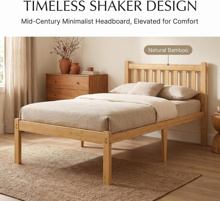 Wood Twin Bed Frame with Headboard, 18 Inch High Solid Bamboo Platform Bed No Box Spring Needed, Modern Minimalist Heavy Duty Bedframe, Easy Assembly, Noise Free