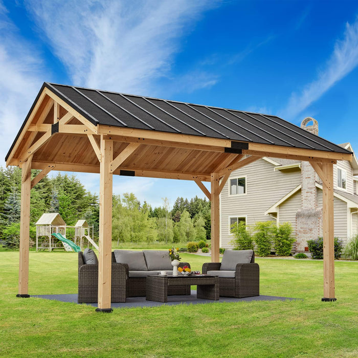 12' X15' Wood Gazebo, Spruce Solid Wood Hardtop Pavilion, Waterproof Asphalt Roof, for Patio, Lawn, Garden, Easy Installation