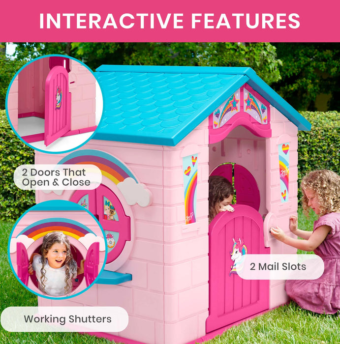 Rainbow & Unicorn Plastic Indoor/Outdoor Playhouse with Easy Assembly, Pink