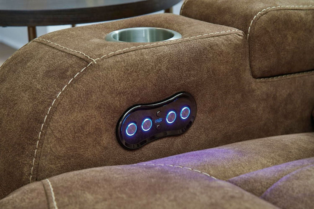 Wolfridge Contemporary Faux Leather Power Reclining Sofa with Drop down Table, LED Lights, Electrical Outlet, Wireless Charging, USB Ports and Cup Holders, Light Brown