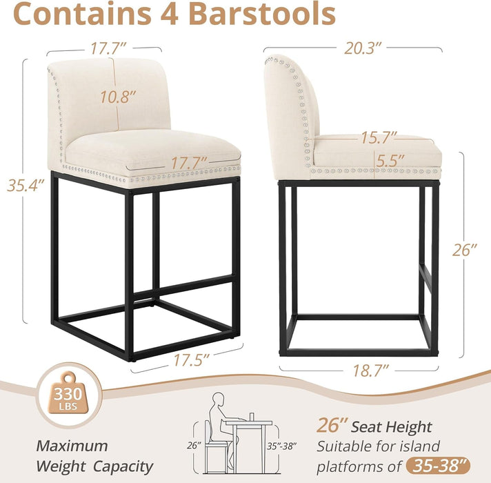 26" Bar Stools Set of 4, Champagne Chenille Barstools with 5.5" H Thickened Cushion, Modern Counter Height Bar Stools for Kitchen Island - ShipItFurniture