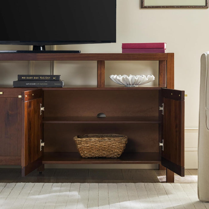 Isla Modern Solid Wood TV Stand with Tempered Glass Top and Shadow Box Shelf, 58 Inch, Walnut