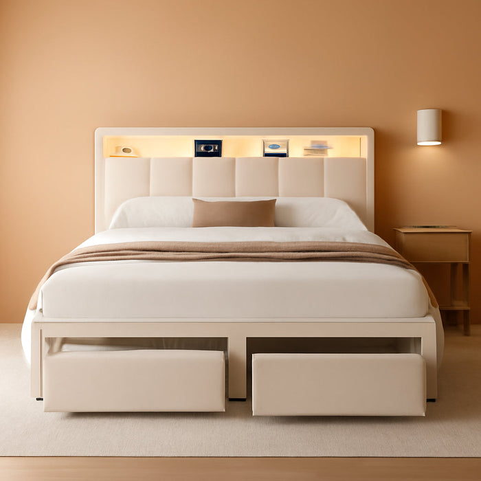 Queen Storage Bed Frame, Upholstered Platform Bed with 2 Drawers, Velvet Vertical Tufted Headboard with LED Lights & Charging Station, Wooden Slats Support, No Box Spring Needed, White