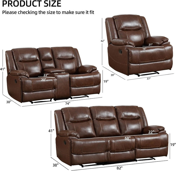 Genuine Leather Manual Recliner Sofa Set, Recliner Chair, Loveseat Reclining Sofa and 3 Seat Recliner Sofa, Couch Furniture Set for Living Room, Meeting Room, Brown(Recliner+Loveseat+Sofa)