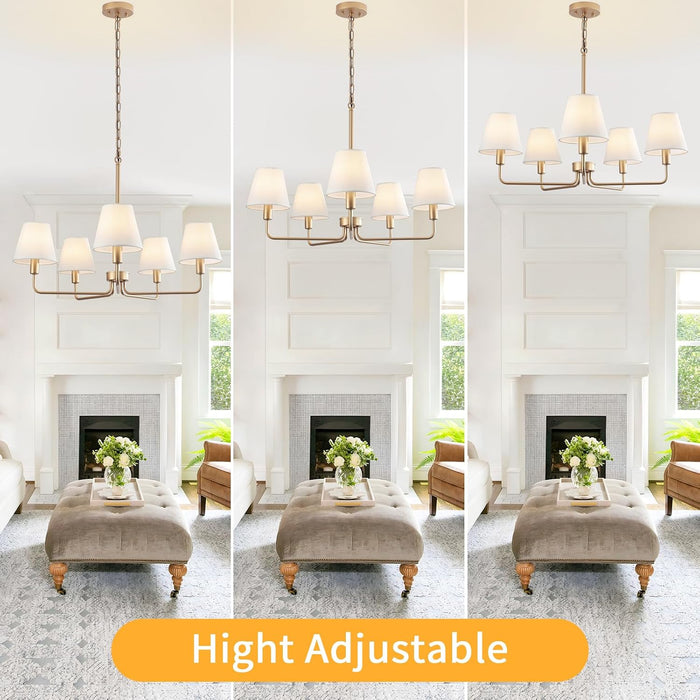 5-Light Brass Gold Dining Room Light Fixture with White Fabric Shade, 29.52In Farmhouse Chandelier Modern Antique Linear Pendant Island Light Fixture for Bedroom Foyer Cottage Kitchen over Table