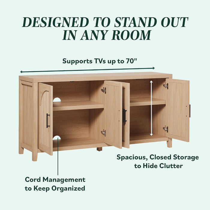 Sasha 4-Door Reeded Sideboard Buffet with Cord Management, 60 Inch, Coastal Oak