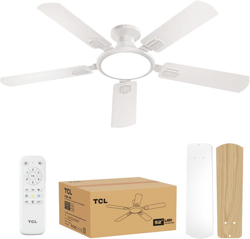 52" Low Profile Ceiling Fan with Light, Slim, White, Flush Mount, DC Reversible Motor, 6 Speeds, Remote Control, Noiseless, Dimmable, LED Light, 3CCT, Modern Ceiling Fan for Bedroom Living Room